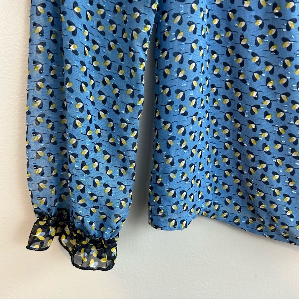 Boden Blue Floral Long sleeve Chiffon Ruffle Blouse Size 2 - Picture 9 of 13
